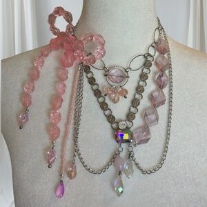 Pastel Pink Upcycled Statement Necklace Ribbon Motif Vintage Beads Silver Tone